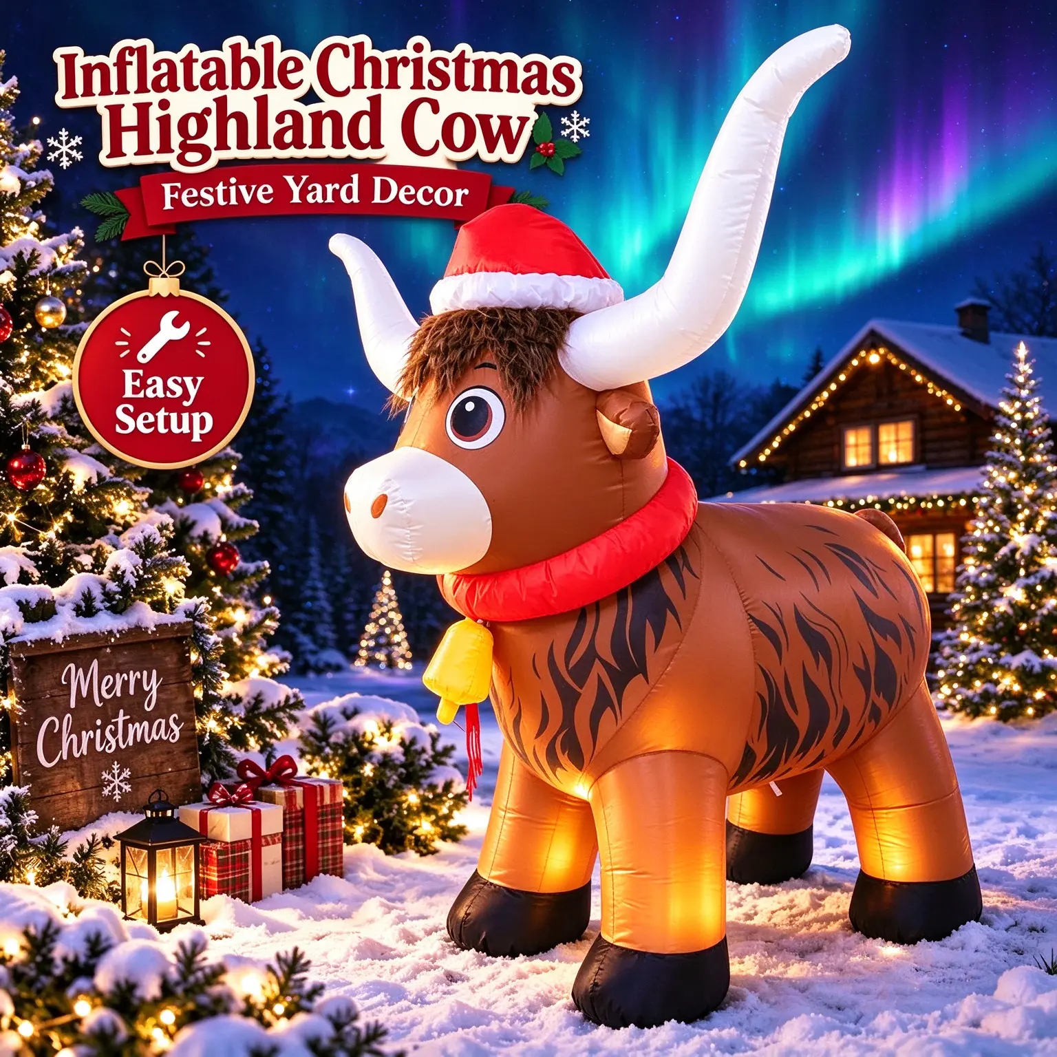 6FT Christmas Inflatable Highland Cow, Blow Up Yard Decoration with Built-in LED Lights, Indoor Outdoor Christmas Inflatable Decor for Lawn, Garden, Holiday Party