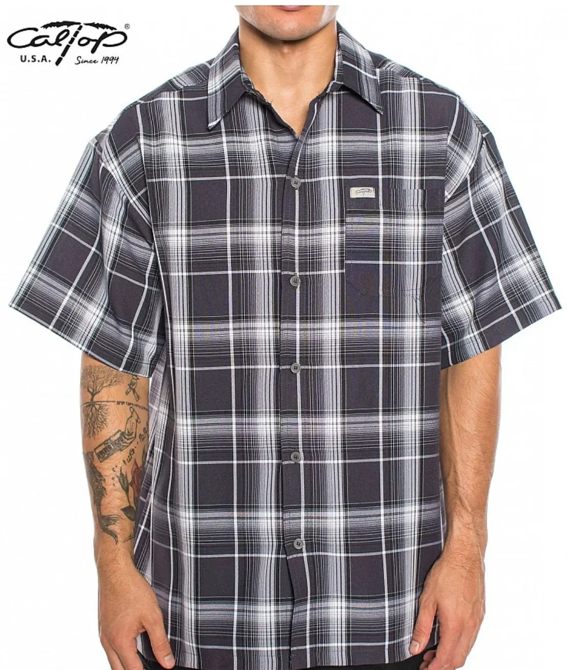Caltop Men's Classic Plaid Collared Loose Casual Short-Sleeve Button-Up Shirt - Polyester Fabric, Button Details Short-Sleeve Casual Shirts Menswear