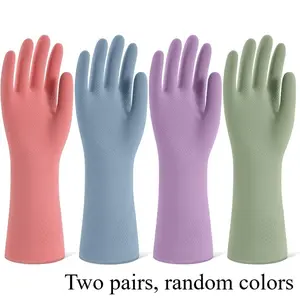 2-Pair (Mixed Random Colors) Rubber Cleaning Gloves, Dishwashing Gloves, Reusable, Kitchen Gloves, Suitable for Dishwashing and Household Cleaning, Colored Dishwashing Gloves, Flocked Lining, Non-Slip Design, Suitable for Men and Women, Cleansing