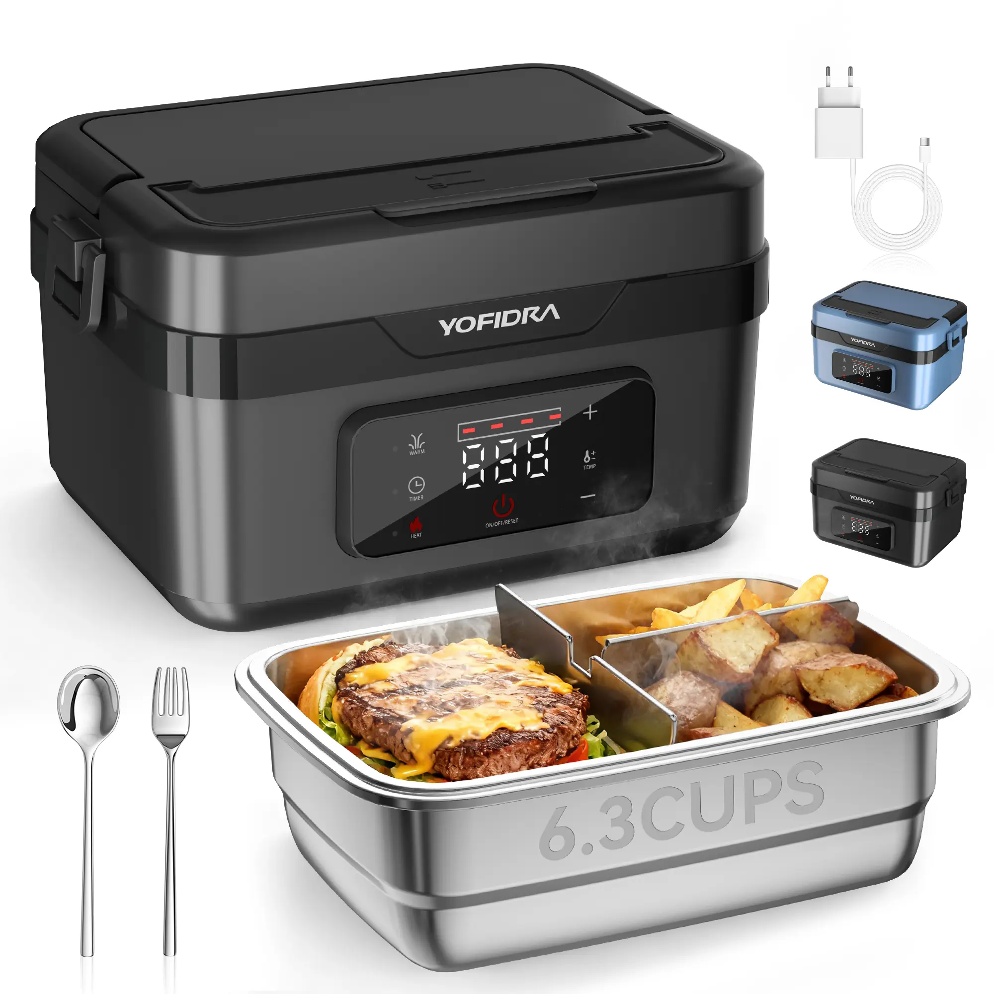 Yofidra Cordless Electric Heated Lunch Box 6 Cups Self Heating with 10000mAh Battery Timer & Temperature Control Portable Food Warmer for Adults Men Women in Office Outdoor Black Tableware Set