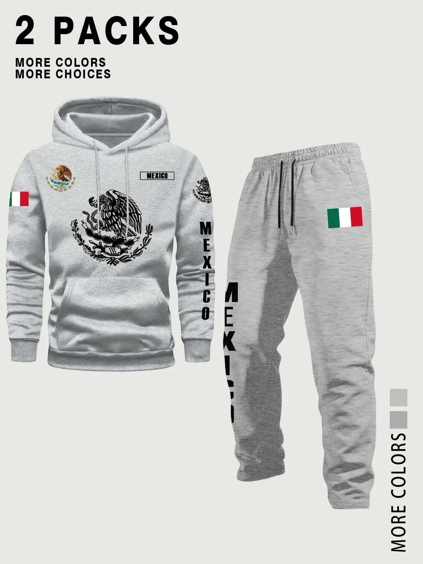 Mexican Style Set! 2 Piece Hoodie + Sweatpants, Flag Eagle Snake Totem Print, Multicolor Options, Casual Athletic Streetwear for Fall & Winter