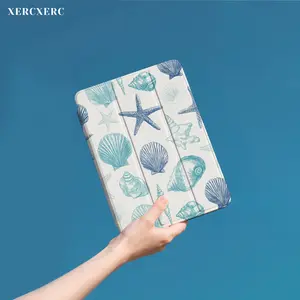Blue Sea Shells & Starfish Pattern PU Flip iPad Case 9th/10th/11th Generation, Air 11inch/A16 Case, Fall with TPU Soft Shell, 3 - Fold Stand, Pen Holder, Shockproof, Auto Wake/Sleep, Back to School Gift for Pro 12.9/11/10.9 (2025/2024), 10.9/10.5, Mini 8.