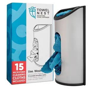 TowelNest Dispenser Set with 15 Reusable Blue Microfiber Towels – Eco-Friendly, Washable, Wall-Mount Paper Towel Alternative