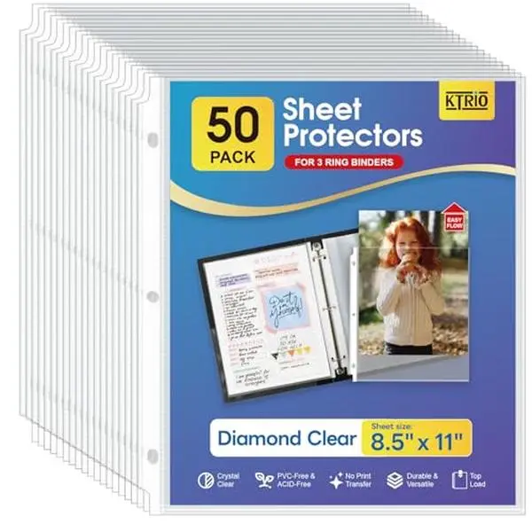 KTRIO Sheet Protectors 8.5 x 11 Inch, Clear Top Loading Page Protectors for 3 Ring Binder, Polypropylene Plastic Sleeves, Letter Size Document Protectors, Office & Home, 50 Pack