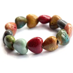 Love Heart Ceramic Bracelet, Flower-Glazed Beaded Bracelet,Elastic Handmade Simple Ethnic Style Hand Chain for Women, Suit for woman over 18 year old-1PCS - Colorful