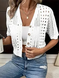 Elegant V-Neck Sweater Cardigan Knitwear with Buttons, Short Sleeve, Hollow Out Design, Perfect for Spring, Summer, Autumn, Women's Fashion