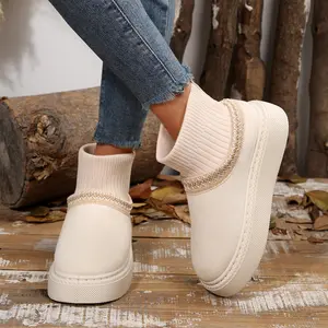 Stylish Knitted Cuff Platform Mid-Calf Snow Boots Women's Suede Winter Shoes with Contrast Stitching Indoor Outdoor Shoes
