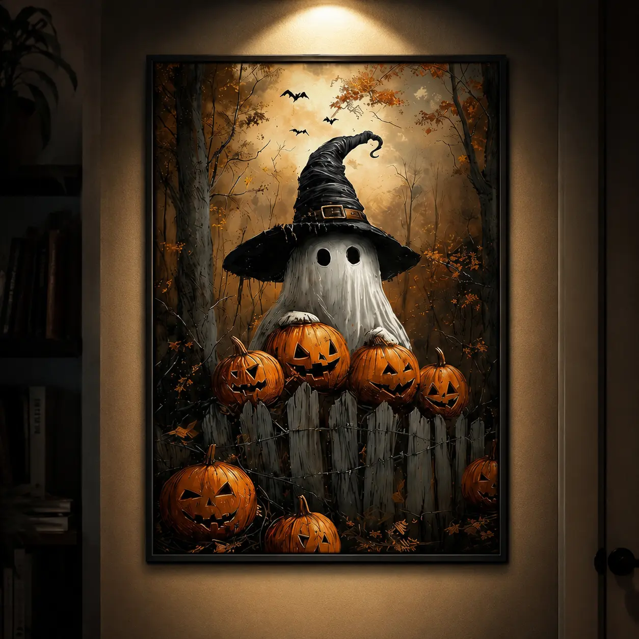 Canvas Wall Art Print Featuring a Witch in a Pumpkin Patch, Designed for Halloween. This Spooky Wall Decoration Is Suitable for Your Living Room, Bedroom, Or Office