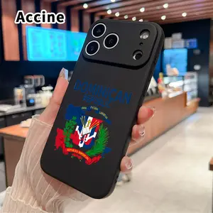 Dominican Republic Emblem Pattern Straight Edge Phone Case for iPhone 17 15 16 14 Pro Max 13 12 11 XR XS Plus Air E Shockproof Full Camera Protection Durable Slim Liquid Silicone Cover Smartphone Casing