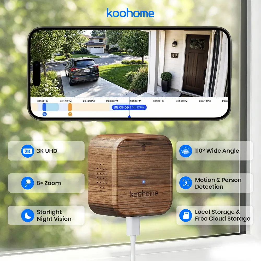 Koohome 3K Window Cam - Free Cloud Storage, 2.4GHz/5GHz Indoor WiFi Camera with Full-Color Night Vision, AI Motion & Person Detection, SD Card Slot, 24/7 Recording, Magnetic Mount, Easy Setup for Home & Apartment