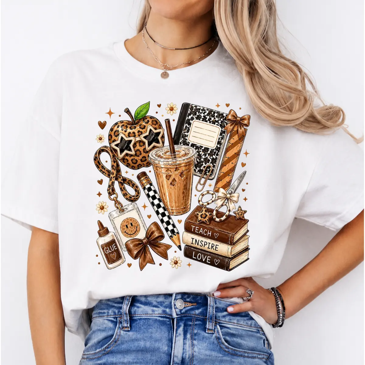 Leopard Teacher Shirt, Cute Teach Inspire Love Graphic Tee, Coffee  Notebook School Supplies Shirt, Back to School Teacher Gift, Trendy Teacher Tee