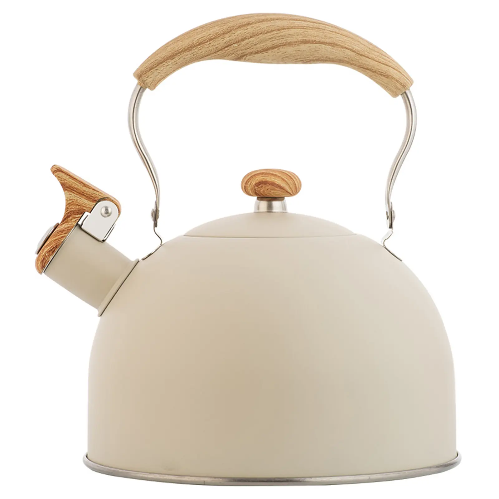 2.5L Insulated Stainless Steel Tea Kettle Stovetop - Wooden-Designed Folding Handle, Whistle, Induction-Compatible Kitchen Jug for Tea, Coffee (Beige)