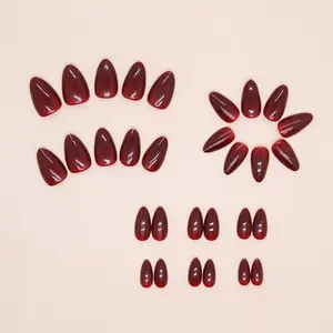 Glossy Wine Red Fake Nails, 24pcs/set Effortless Press On Nails, Almond False Nails for Women Girls Nail Art, Manicure Set Easy to Apply