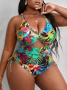 Plus Size Tropical Print Criss Cross Cut Out One-piece Swimsuit, Boho Tie Side Sleeveless Swimwear For Beach Holiday Vacation, Women's Plus Size Swimsuit For Summer, Casual Swimsuit