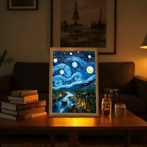 Van Gogh Starry Night Inspired LED Wall/Table Lamp - Wooden Frame Light Painting with Color-Changing Effect, No Electricity Required, Suitable for Bedroom/Office Decoration, Perfect Christmas Gift (Compatible with E27)