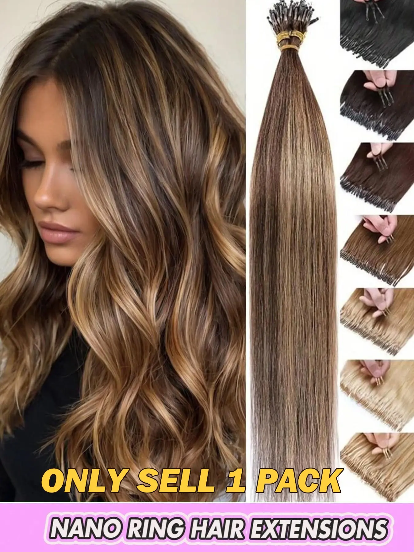 Nano Ring Hair Extensions, Remy Hair Pieces, Made With Remy Human Hair, Pre-Bonded Micro Beads, Nano Ring Technology, Natural Straight Hairpiece, Available In Brown/Blonde, Invisible Seamless Wear, Easy DIY, Micro Ring Connection, Secure Wear
