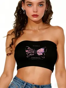 Butterfly Print High-Elasticity Bandeau Top, Women's Summer Strapless Crop Top, Seamless Slim Fit Short Vest, Versatile Street Style OOTD for 2026