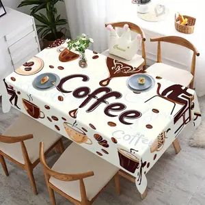 EastJia Made in USA White Coffee Themed Polyester Tablecloth, Retro Coffee Bean & Cup Print. Durable rectangular table cover, ideal decor for kitchen, gatherings and outdoor picnic scenes