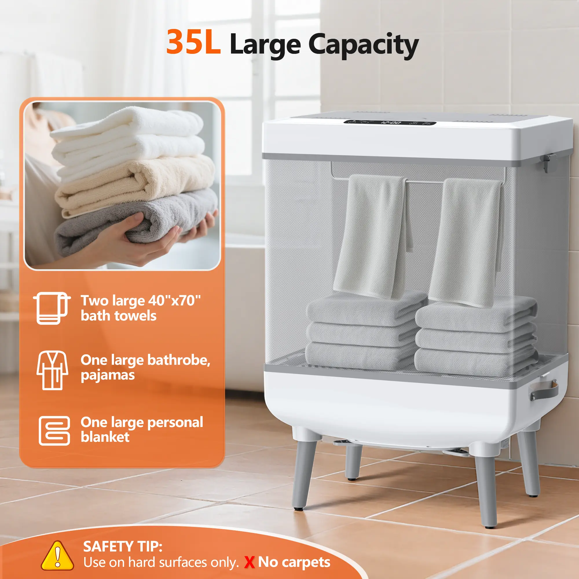 35L Luxury Foldable Towel Warmer - 600W Fast Heating Bathroom Accessory, Auto Shut Off, Fits 3 Large 45x70in Bathrobes & Blankets, Heat/Dry Modes, 24H Delay, Ideal for Bathroom, Home (Luxury Hotel Towel Warmers)