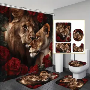 1/4pc Lion and Rose Pattern Bathroom Decor Set, including shower curtain, U-shaped mat, bathroom floor mat, and toilet seat cover. Perfect for bathroom decoration, partitioning, and beautifying the space. Comes with 12 shower curtain hooks.
