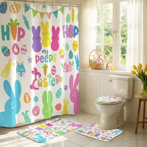 Easter Shower Curtain Set for Bathroom, 4Pcs Bunny Cute Rabbit Easter Bathroom Sets for Spring Accessories, Non Slip Rugs, Toilet Lid Cover, Bath Mat, Shower Curtain, Bath Decor with 12 Hooks