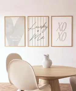 Beige Lucky Me Pin Stripe Set of 3 Wall Art - Lucky you Quote Poster -Dorm Aesthetic Preppy Coquette Art - Digital Download Set