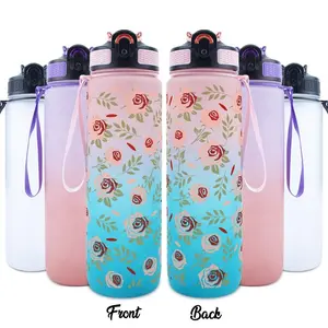 Floral Pattern Water Bottle, 1 Count 32oz Sports Water Bottle with Time Marker, Suitable for Sports, Fitness, Outdoor Travel, Drinkware