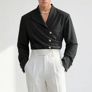 INCERUN Men's Silky Polyester Spandex Black Cropped Shirt - Asymmetric Design, Street Wear, Mensfashion Clothes, Party & Halloween Top for Spring & Autumn