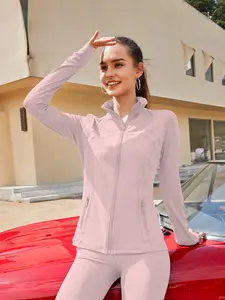 Women’s fashion solid-color yoga jacket with finger sleeves, pockets, zip closure, stand collar, slim fit, soft, quick-drying, sweat-wicking, skin-friendly athletic jacket suitable for everyday commuting, workouts, and running.