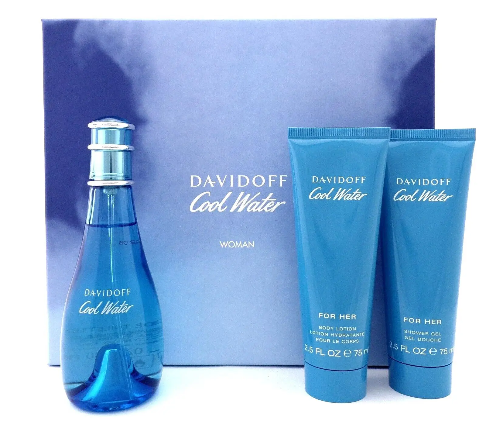 Davidoff Cool Water Woman 3-Piece Gift Set - 3.4 fl oz EDT, Shower Gel & Body Lotion - Fresh Aquatic Floral, Jasmine, Lotus & Musk Fragrance