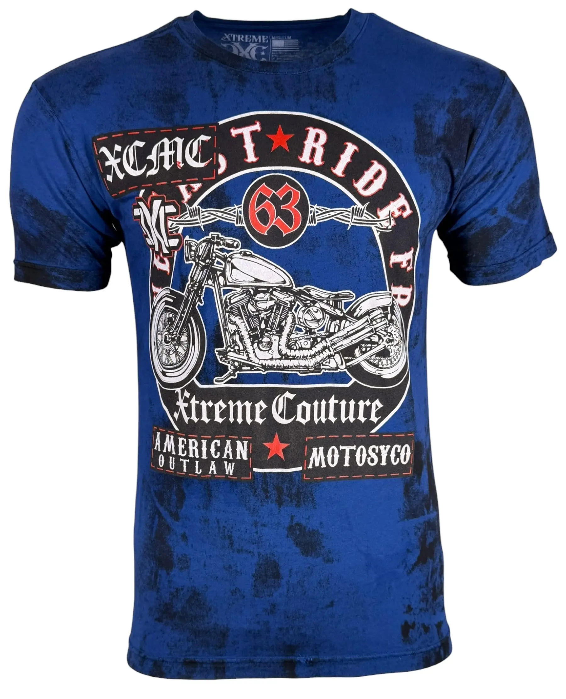 Xtreme Couture Men's 100% Cotton Round Neck Short-Sleeve T-Shirt - Outlaw Riders Biker Graphic, Menswear Casual Streetwear Top in Navy Reactive