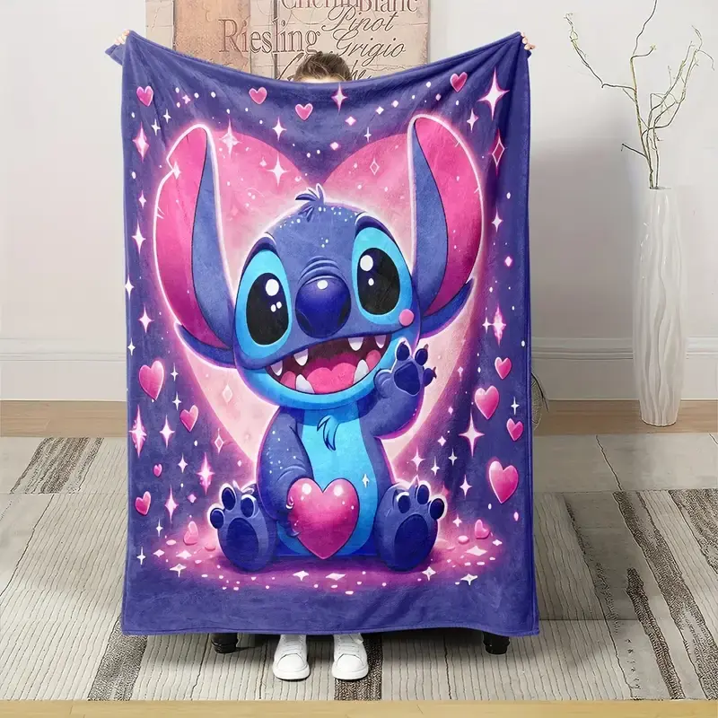 [SummerVibes] DISNEY CLASSIC Stitch Plush Throw Blanket - Soft & Warm, Hearts & Stars, Perfect for Home, Office, Camping, Ideal Gift for Halloween & Birthdays