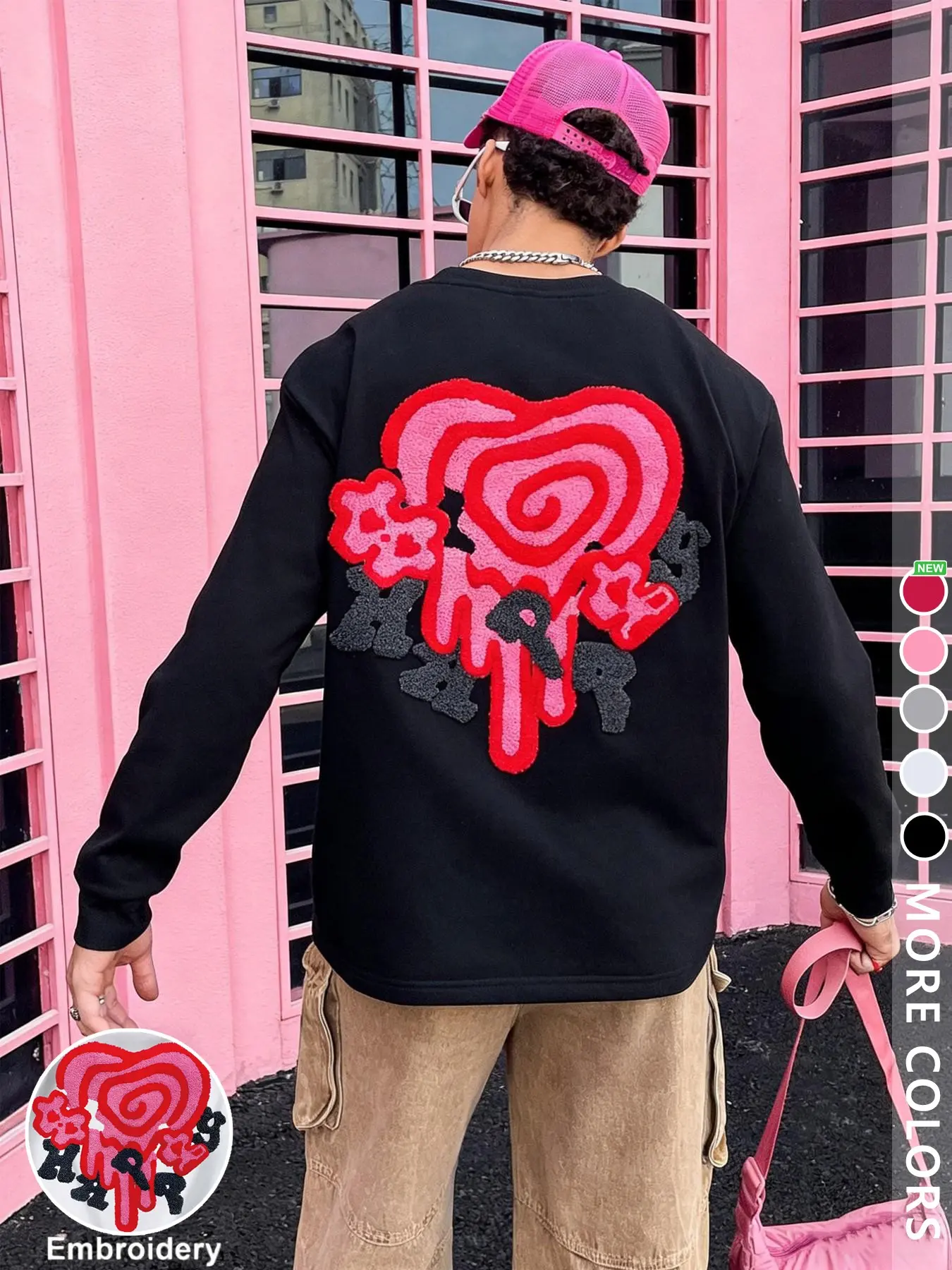 Unisex Y2K Style Valentine's Day Gift, Happy Slogan & Heart Embroidery Graphic Sweatshirt, Long Sleeve, Long Round Neck, Suitable for Valentine's Day dates, streetwear, Y2K style outfits, men's gifts, couple's outfits, casual everyday wear for dates