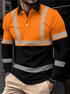 Full-width reflective stripe design, workwear-style Casual men's long-sleeved premium fitted polo shirt Collared Polo Shirts Menswear