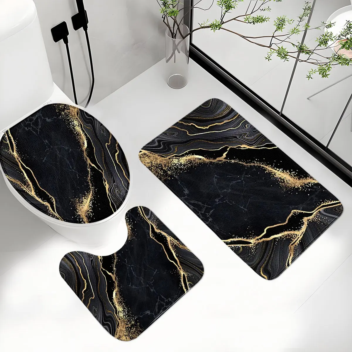 3Pc Ins Ink-Gold-Marble-Mosaic Faux-Cashmere Bath Rug Set, Quiet Stain-Resist Floor-Safe, Shower+Toilet+Vanity Ready Machine-Wash, Elegant Décor Multi-Size, Water Absorbent Bathmat