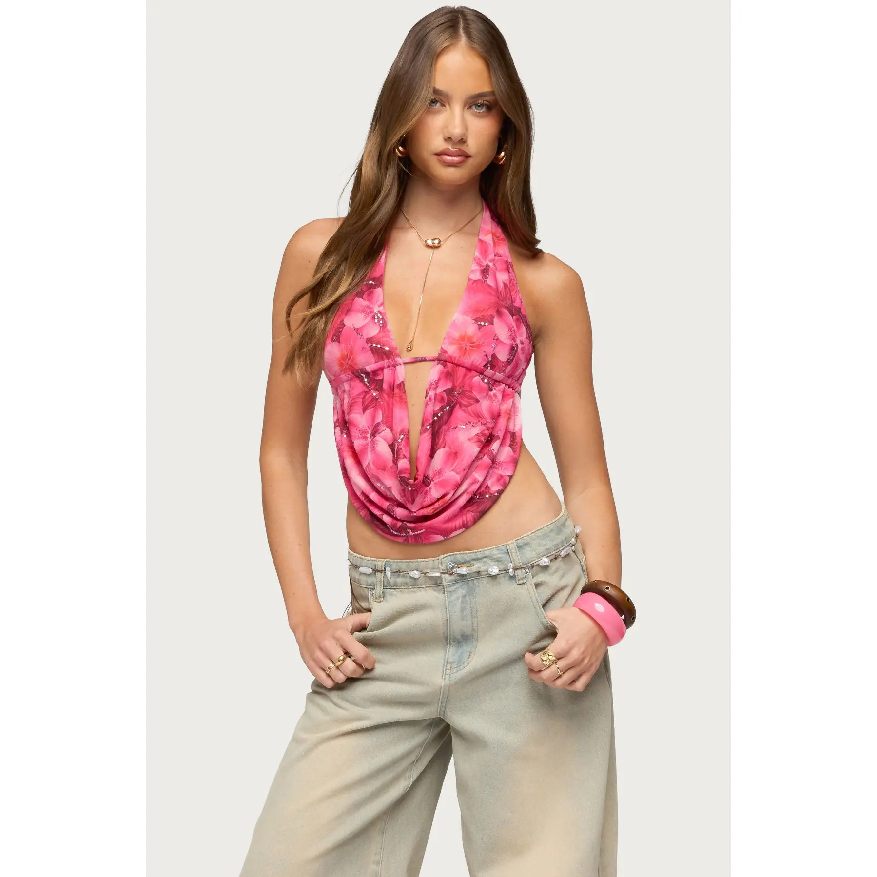 Floral Mesh Backless Cowl Neck Top