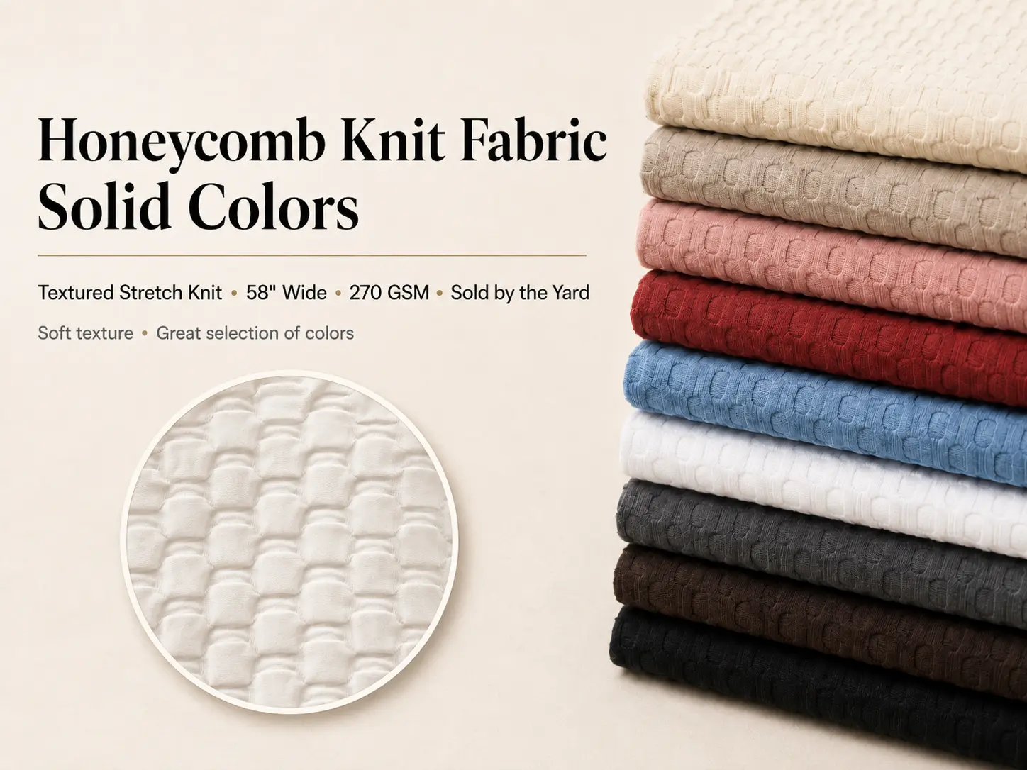 Honeycomb Textured Knit Fabric in Solid Colors by the Yard, 58 in 270 GSM, Poly/Spandex 4-Way Stretch for Leggings and Activewear