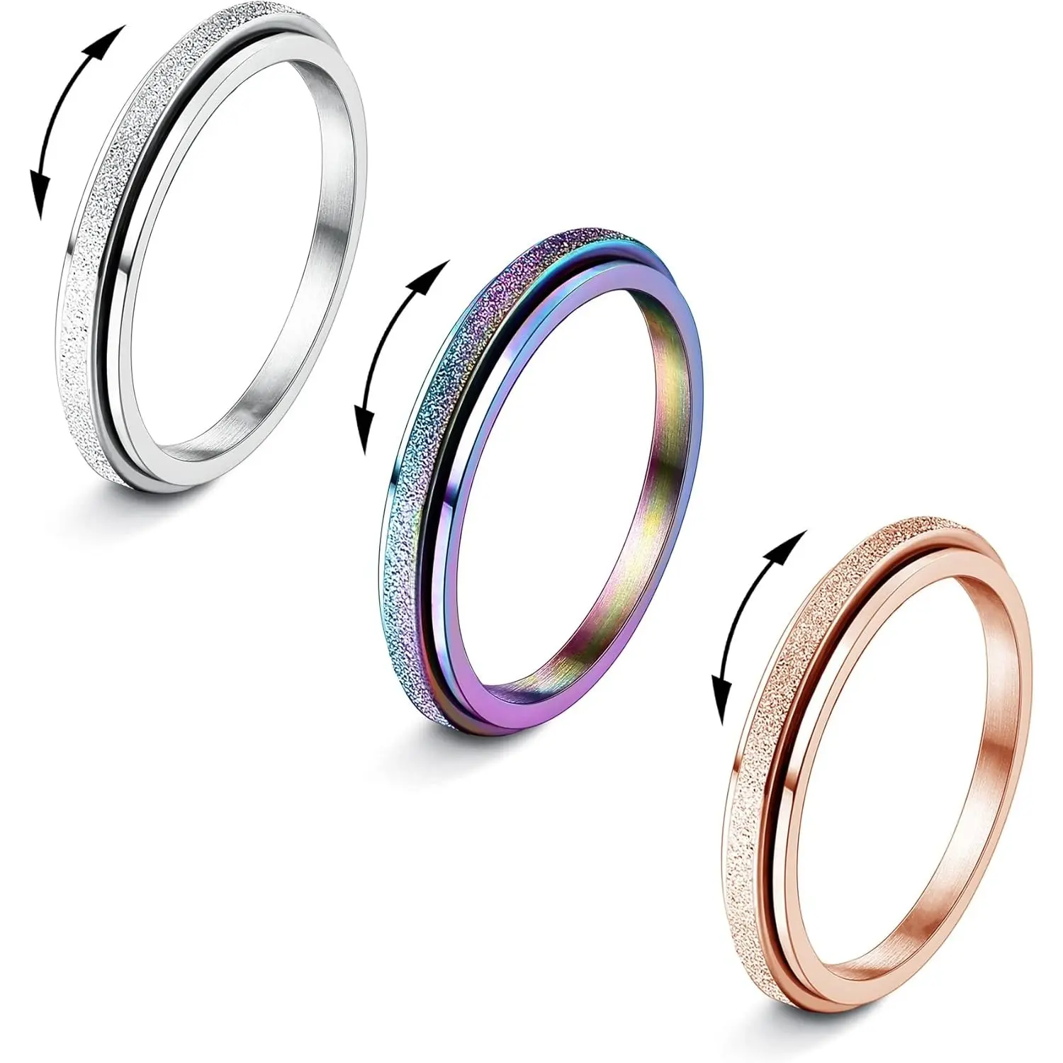 Women's 2mm Titanium Steel Rotating Sparkly Glitter Sandblast Stacking Ring Set, Wedding Promise Ring for Anxiety-Stress Relief, Elegant Fashion Jewelry Gift, Wedding Promise Rings