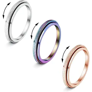 Elegant Fidget Rings for Women Men 2mm Titanium Steel Spinner Ring for Anxiety Stress Relief Glitter Sandblast Spinning Figit Anxiety Jewelry for Women Gifts