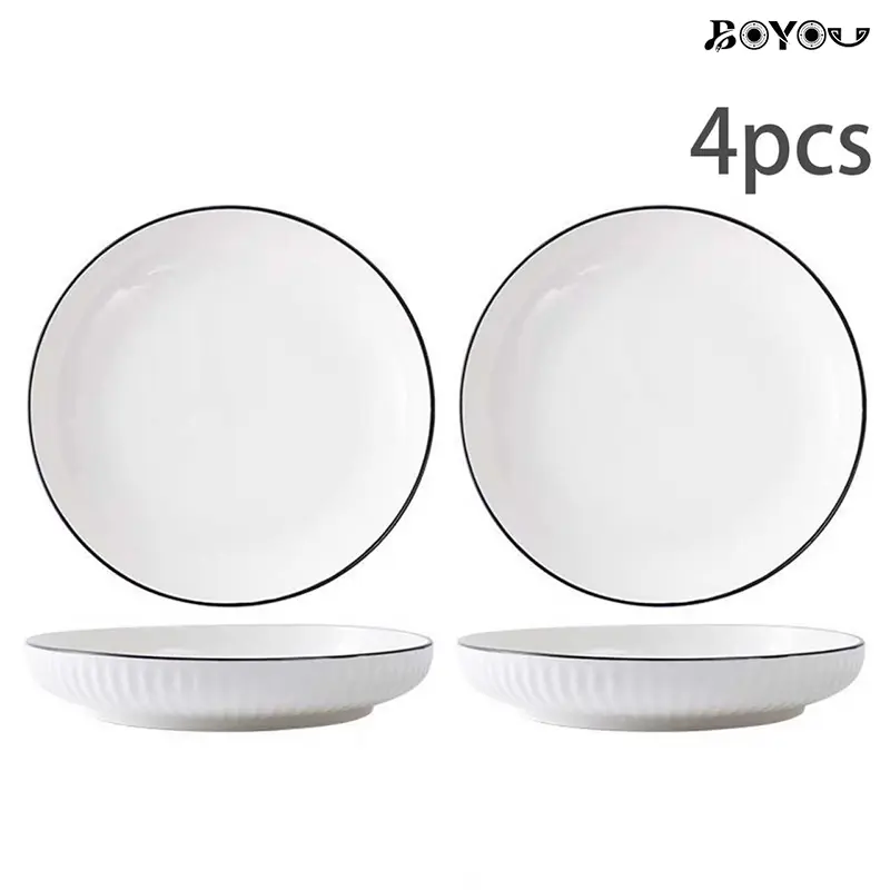 4Pcs Minimalist Ceramic Dinner Plates Set with Black Rim, Vertical Striped Deep Plates, Microwave & Dishwasher Safe Salad Pasta Plates for Kitchen, Modern Nordic Style Tableware