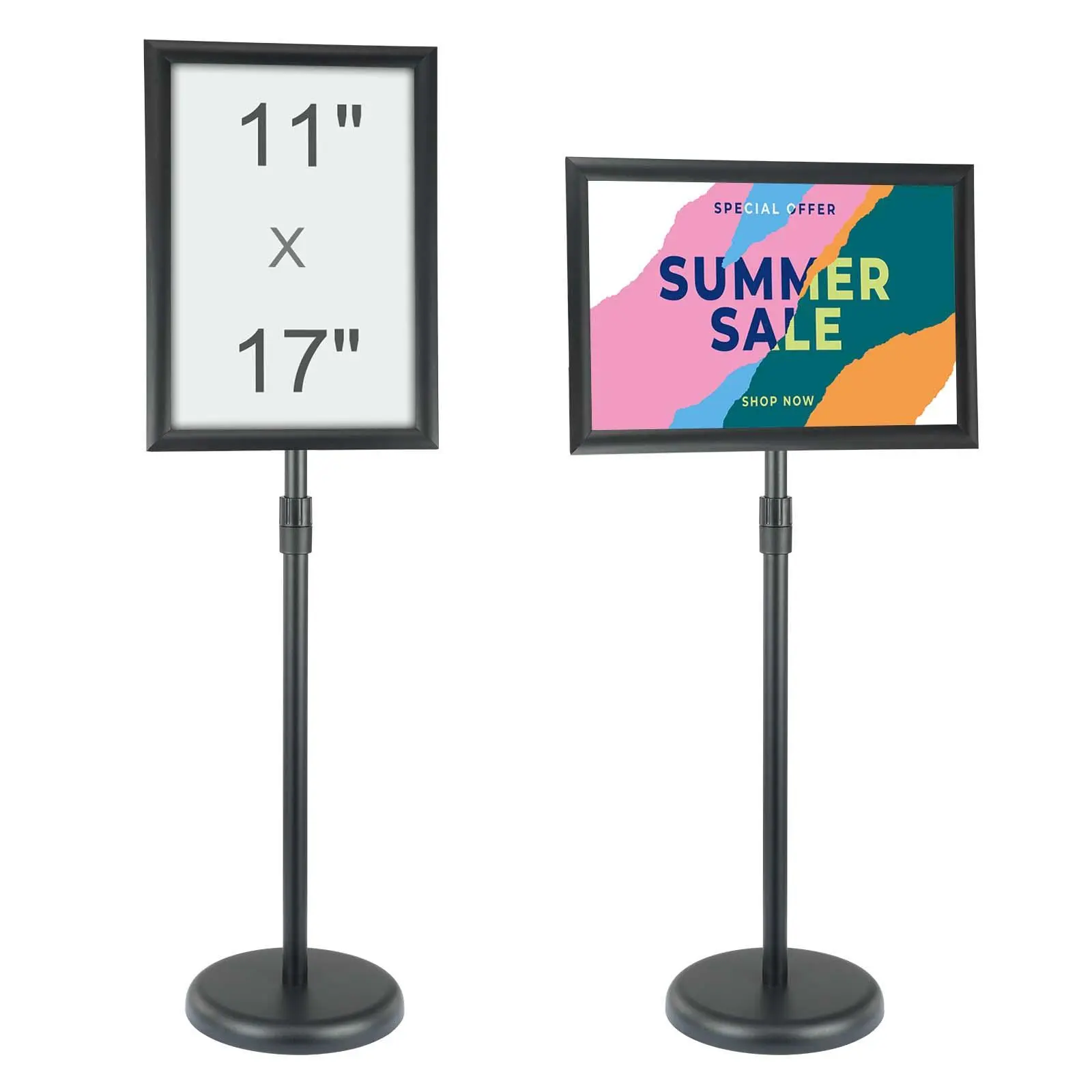 【Summerfinds】VEVOR Aluminum Pedestal Sign Holder, 11x17 Inch Rotatable Frame, 33.5"-53.4" Adjustable Height Vertical/Horizontal Poster Stand, Heavy-Duty Floor Standing Menu Display with Round Base, Black, 11 X 17 Inches