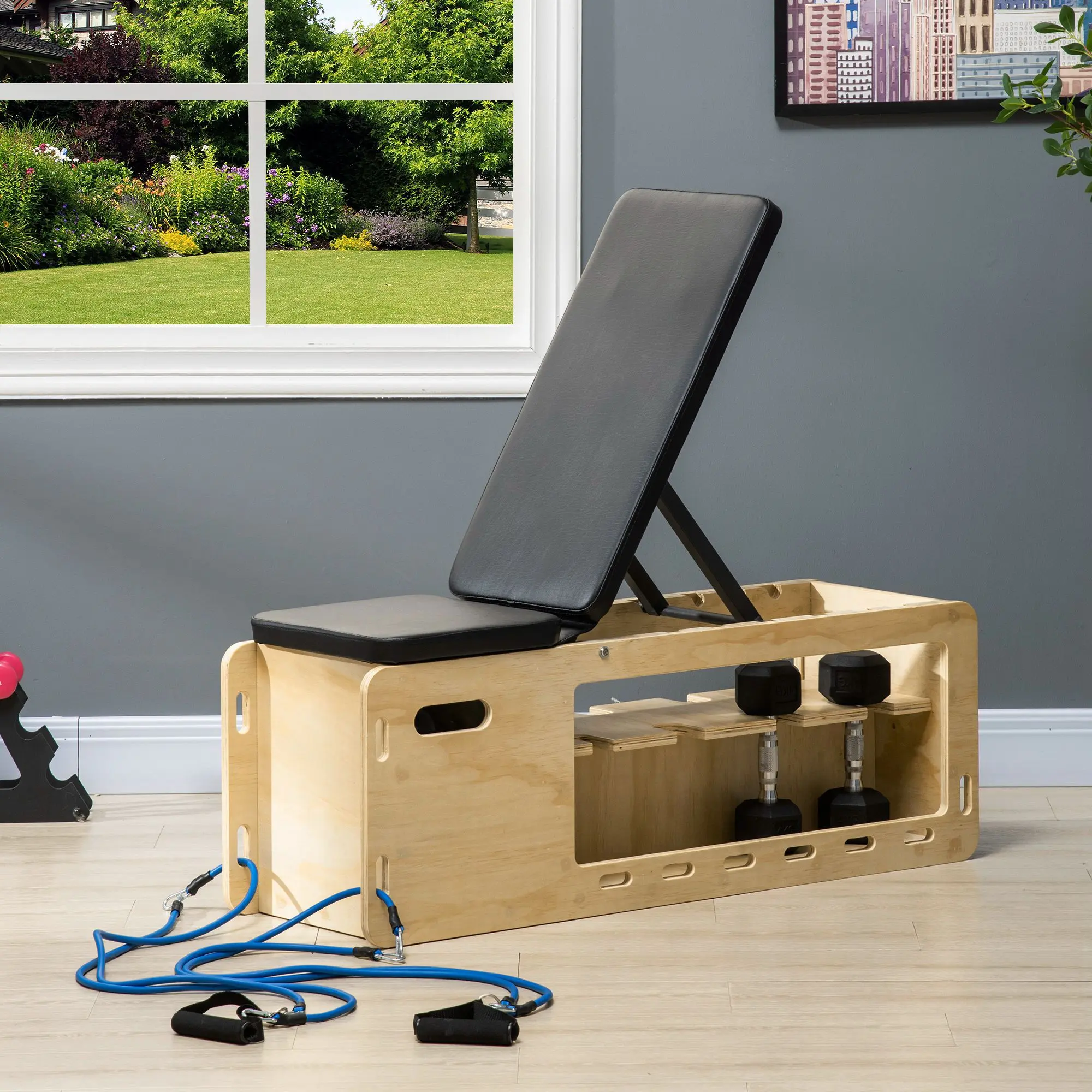 Soozier Wooden Workout Bench with Dumbbell Rack and Resistance Bands, Adjustable Incline Weight Bench for Home Gym, Adjustable Chest Exercise, All-In-One Adjustable Benches
