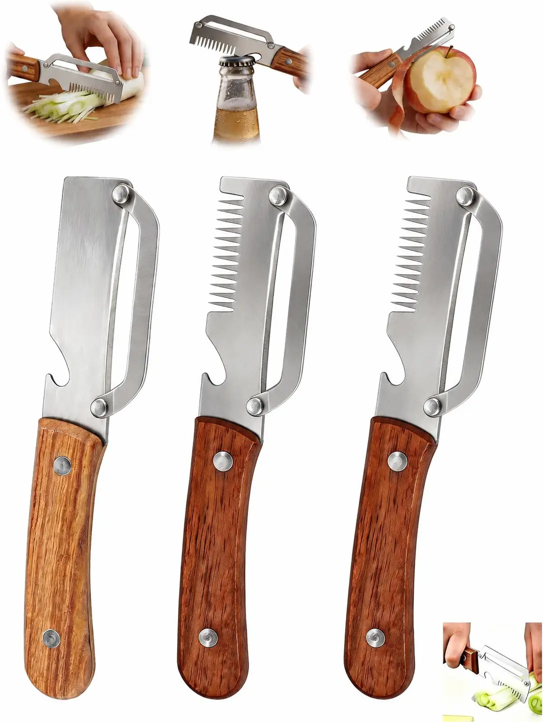 3-in-1 Vegetable Peeler with Grater & Bottle Opener, Stainless Steel Blade Kitchen Tool with Wooden Handle for Fruits, Vegetables, Potatoes & Carrots
