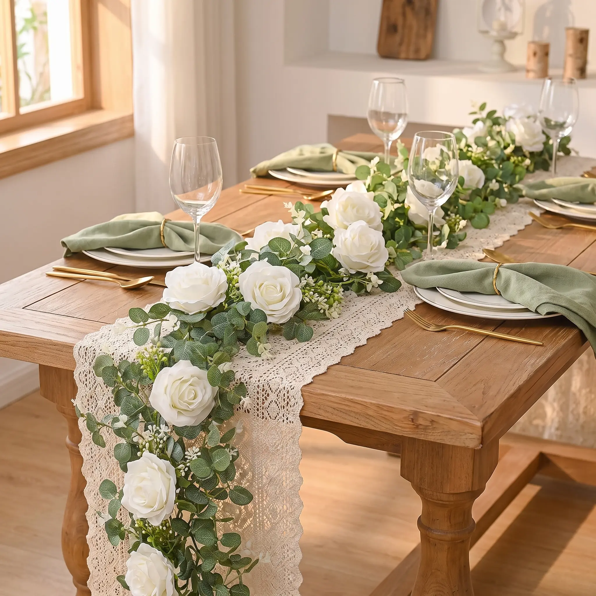 Neverwilt. x Dolicer 26FT 2 Pack 13FT White Eucalyptus & Rose Garland, Faux Floral Vines for Wedding, Sweetheart Table, Mantle, Bridal Arch, Boho Party & Thanksgiving Holiday Décor