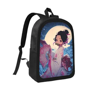 Anime with Fan in Snowy Landscape Backpack - Japanese Kimono Cherry Blossoms & Mt. Fuji Print School Bag, Lightweight Large Capacity Unisex Backpack with Adjustable Straps, Durable Zipper Closure for Teens, Anime Fans, School & Travel, for Teenager