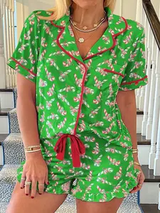 2 pieces of women's Christmas cane candy full body printed short sleeved shorts, pajamas suitable for all seasons, pockets, collars, bows, pants, home clothes, button up front cardigan set, Pjs