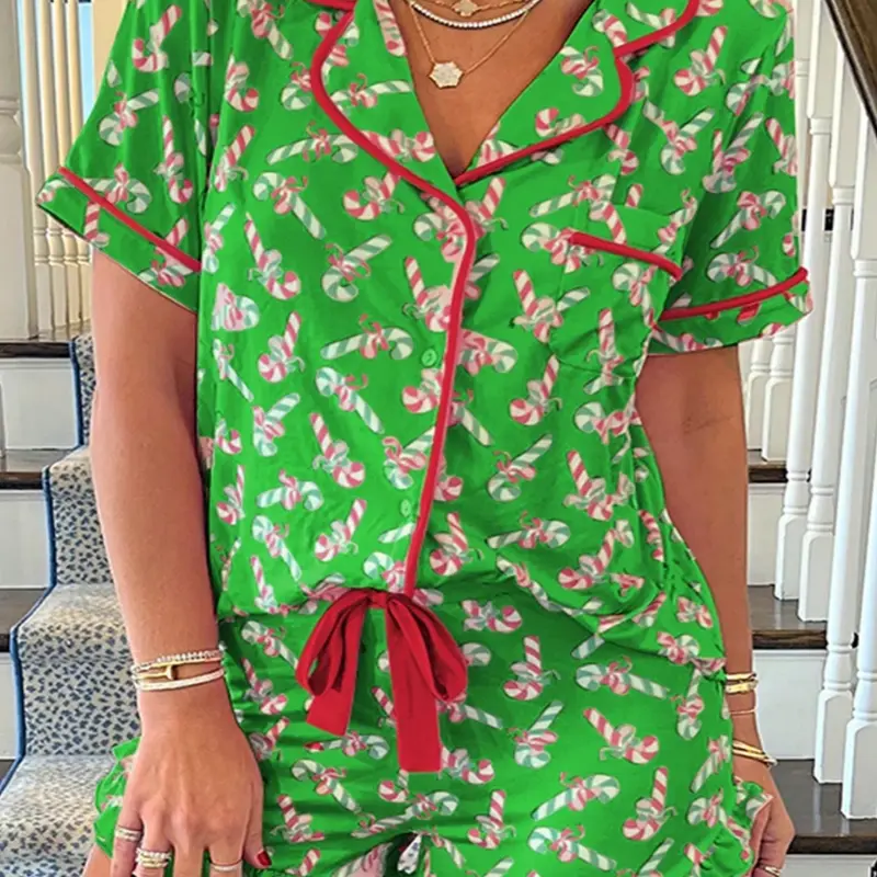 2 pieces of women's Christmas cane candy full body printed short sleeved shorts, pajamas suitable for all seasons, pockets, collars, bows, pants, home clothes, button up front cardigan set Pjs Loungewear