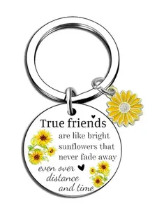 Cute Letters & Sunflower Pattern Personalized Keychain, Stainless Steel Sunflower Charm Keychain for Friends, Round Shaped Keychain for Car Keys for Daily Use