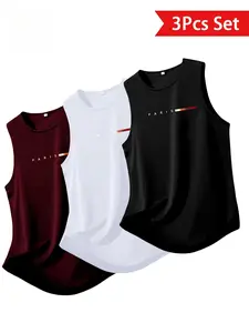 Men's Breathable Polyester Sport Tank Tops, Sports Fitness Vest, Paris Print, Sleeveless, Gym Running Outdoor Casual Summer Wear, Fitted Style, Tie Dye, Athletic Workout Clothing