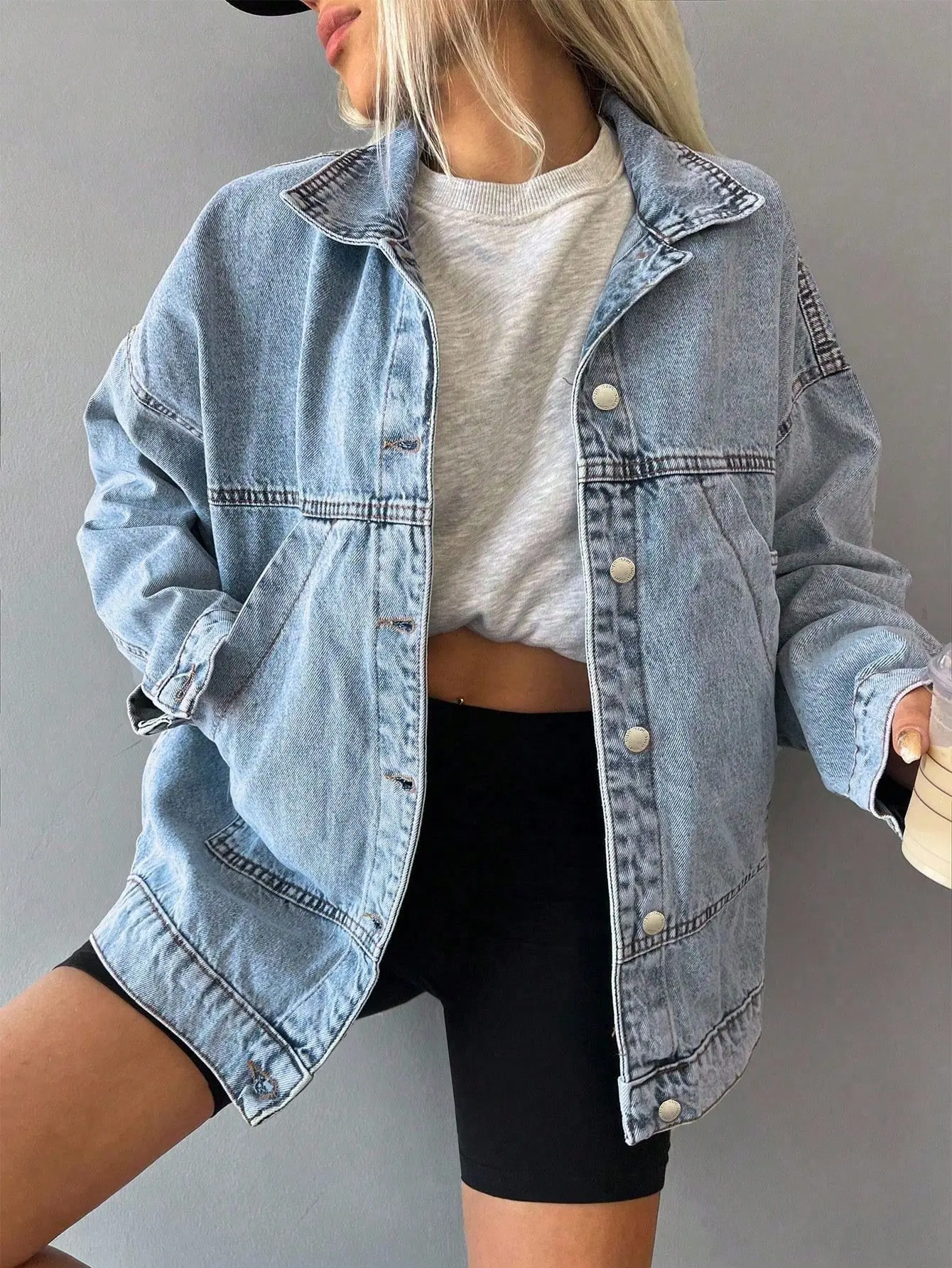 Women's Oversize Baggy Denim Jacket, Long Sleeve Washed Casual Outerwear Coats with Lapel Collar and Large Pockets, Lady, Loose, Casual Ootd, Baggy Denim Women's Casual Jackets, Street